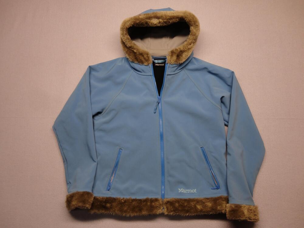 Marmot Jacket Womens 1X Blue Softshell Hooded Faux Fur Trim Winter Warm Coat